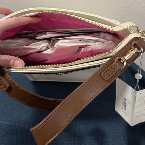 Trina Turk Beige and Brown Faux Leather Shoulder Bag With Dust Bag - Picture 2 of 3